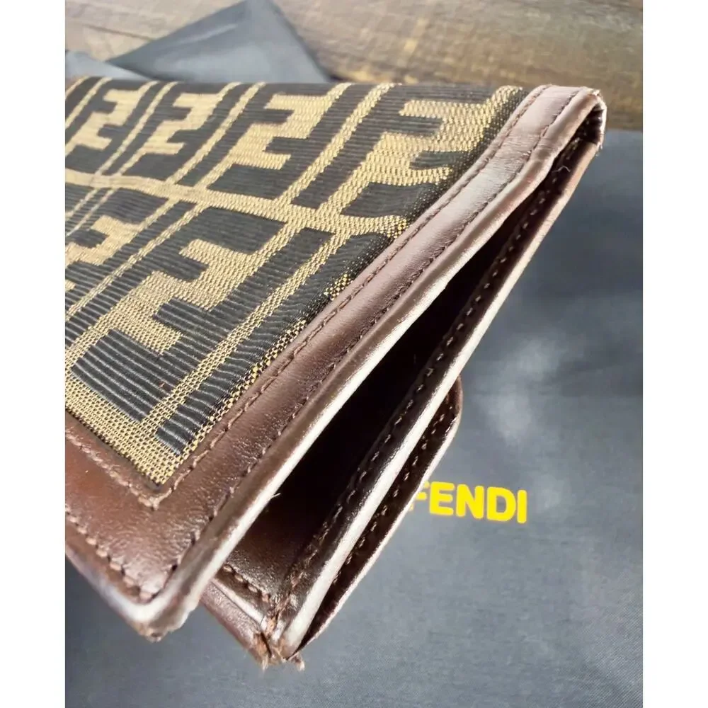Authentic Fendi Zucca Canvas Long Wallet Brown Leather Bi-Fold with Dust Bag